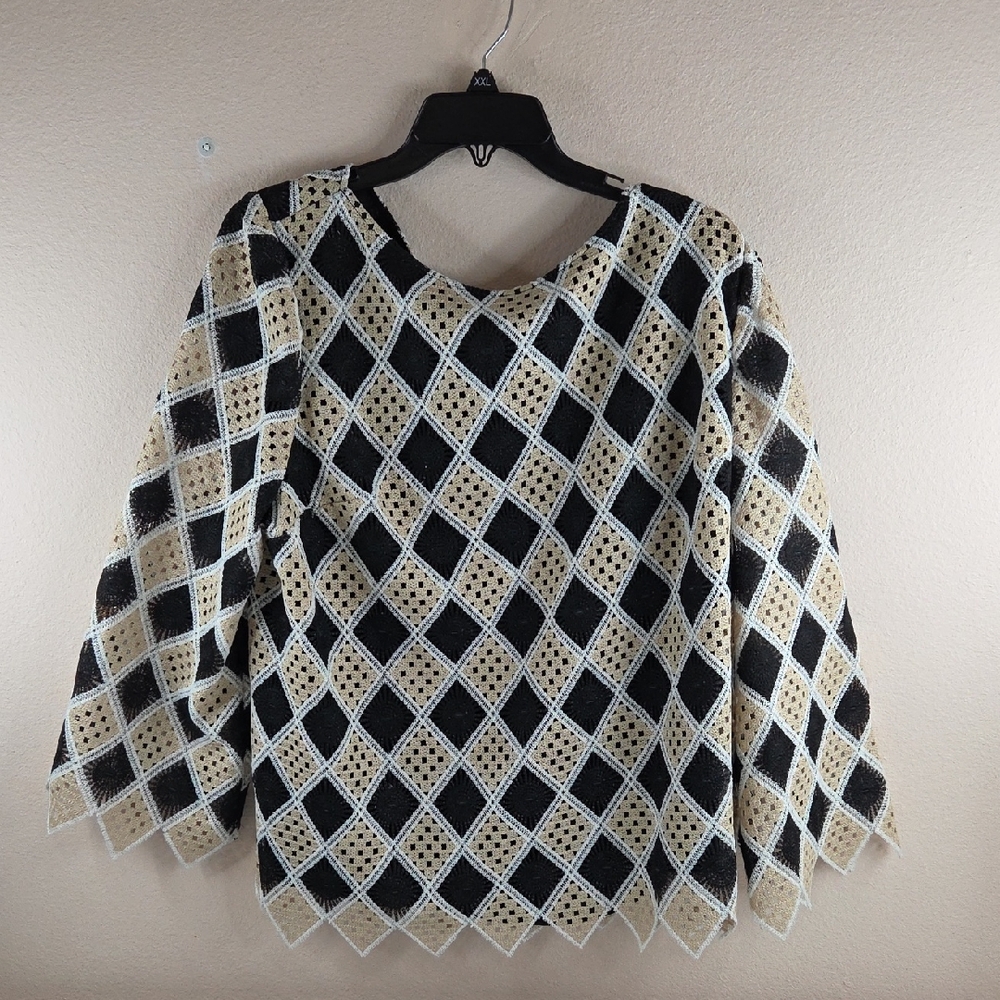 Preston&York WOMANS XXL GEO Pattern TOP Lined Crochet Sweater Tan Black XXL.